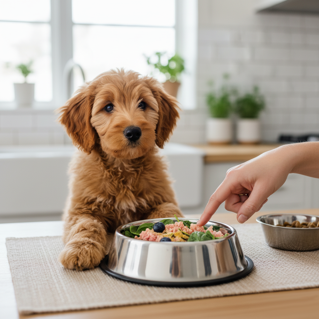 Gemini_Generated_Image_bjakrzbjakrzbjak Puppy learning to eat raw food